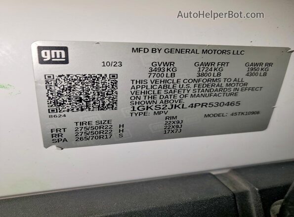 1GKS2JKL4PR530465 2023 GMC YUKON Белый Вид наклейки с VIN-кодом