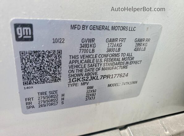 1GKS2JKL7PR177624 2023 GMC YUKON Белый Вид наклейки с VIN-кодом