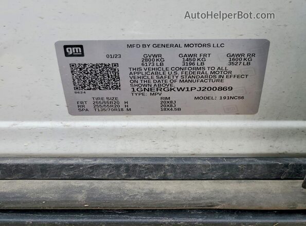 1GNERGKW1PJ200869 2023 CHEVROLET TRAVERSE Белый Вид наклейки с VIN-кодом
