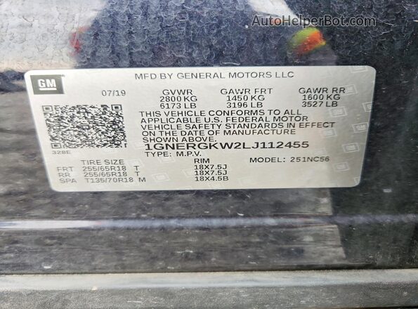 1GNERGKW2LJ112455 2020 CHEVROLET TRAVERSE Blue Widok naklejki z numerem VIN
