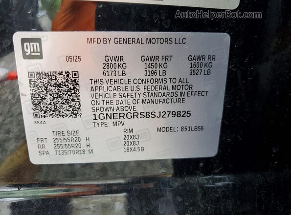 1GNERGRS8SJ279825 2025 CHEVROLET TRAVERSE Черный Вид наклейки с VIN-кодом