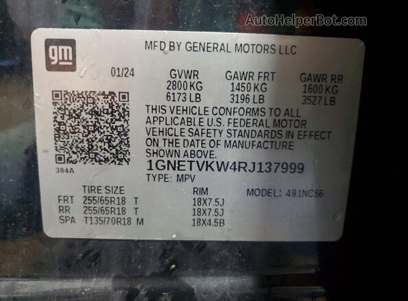 1GNETVKW4RJ137999 2024 CHEVROLET TRAVERSE Black Vista de la etiqueta del VIN