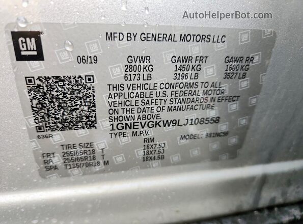 1GNEVGKW9LJ108558 2020 CHEVROLET TRAVERSE Серебряный Вид наклейки с VIN-кодом