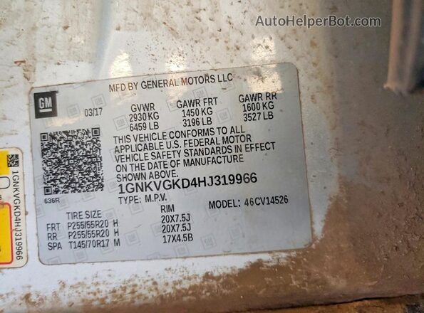 1GNKVGKD4HJ319966 2017 CHEVROLET TRAVERSE Серебряный Панорамный вид салона 360°