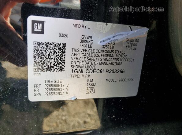 1GNLCDEC9LR303266 2020 CHEVROLET TAHOE Черный Вид наклейки с VIN-кодом