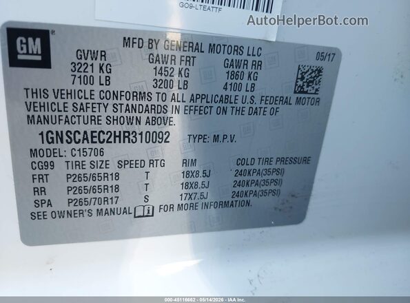 1GNSCAEC2HR310092 2017 CHEVROLET TAHOE Белый Вид подкапотного пространства