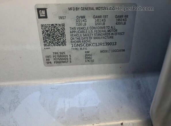 1GNSCBKC1JR139013 2018 CHEVROLET TAHOE Серебряный Вид наклейки с VIN-кодом