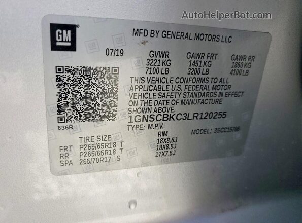 1GNSCBKC3LR120255 2020 CHEVROLET TAHOE Серебряный Вид наклейки с VIN-кодом