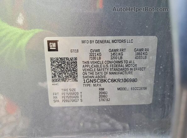 1GNSCBKC6KR106980 2019 CHEVROLET TAHOE Gray Вид наклейки з VIN-кодом