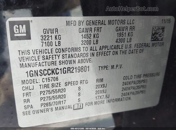 1GNSCCKC1GR219801 2016 CHEVROLET TAHOE Черный Вид подкапотного пространства