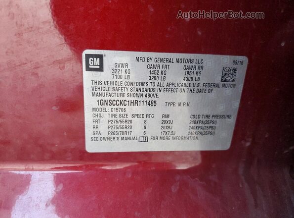 1GNSCCKC1HR111485 2017 CHEVROLET TAHOE Темно-бордовый Вид наклейки с VIN-кодом