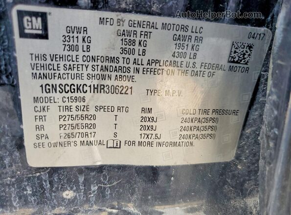 1GNSCGKC1HR306221 2017 CHEVROLET SUBURBAN Черный Вид наклейки с VIN-кодом