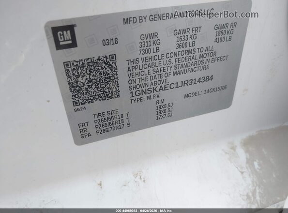 1GNSKAEC1JR314384 2018 CHEVROLET TAHOE Белый Вид подкапотного пространства