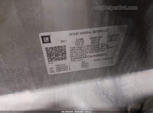 1GNSKAEC4JR140021 2018 CHEVROLET TAHOE Серый Вид подкапотного пространства