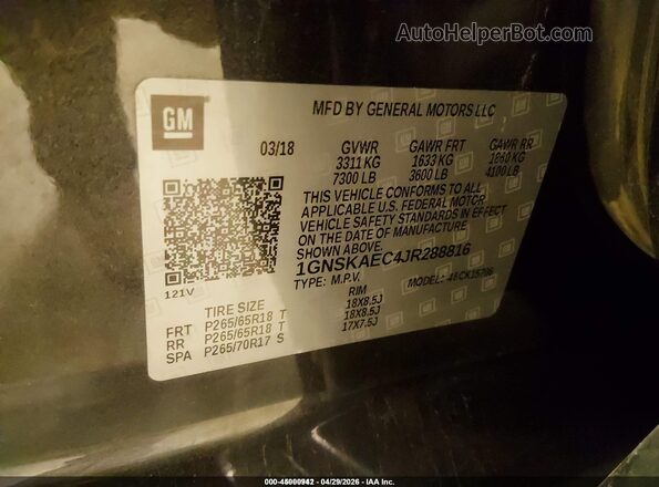 1GNSKAEC4JR288816 2018 CHEVROLET TAHOE Серый Вид подкапотного пространства