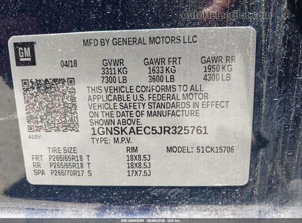1GNSKAEC5JR325761 2018 CHEVROLET TAHOE Dark Blue Вид подкапотного пространства
