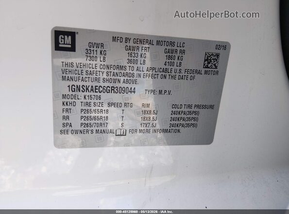 1GNSKAEC6GR309044 2016 CHEVROLET TAHOE White Вид підкапотного простору