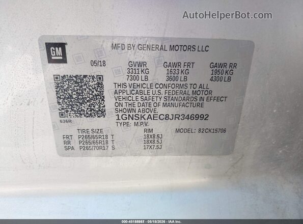 1GNSKAEC8JR346992 2018 CHEVROLET TAHOE Серый Вид подкапотного пространства