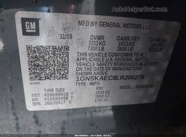1GNSKAEC8LR206279 2020 CHEVROLET TAHOE Серый Вид подкапотного пространства