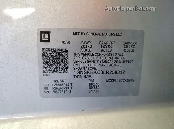 1GNSKBKC0LR259312 2020 CHEVROLET TAHOE Silver Вид наклейки з VIN-кодом