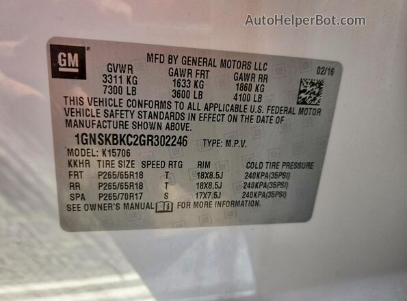 1GNSKBKC2GR302246 2016 CHEVROLET TAHOE Белый Вид наклейки с VIN-кодом