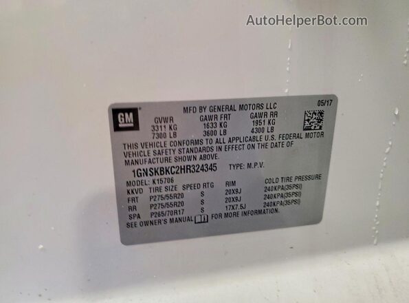 1GNSKBKC2HR324345 2017 CHEVROLET TAHOE White VIN sticker view