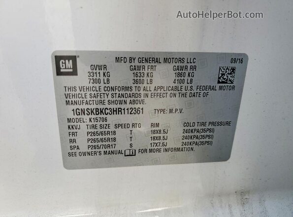 1GNSKBKC3HR112361 2017 CHEVROLET TAHOE Белый Вид наклейки с VIN-кодом