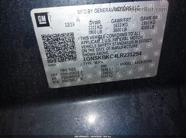 1GNSKBKC4LR231254 2020 CHEVROLET TAHOE Blue ძრავის განყოფილების ხედი