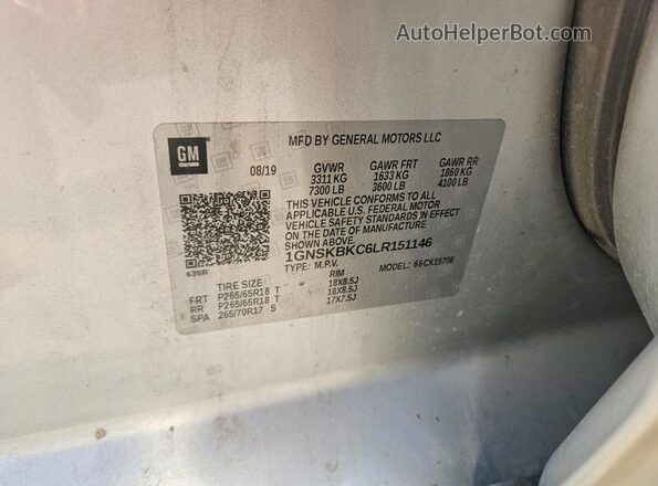 1GNSKBKC6LR151146 2020 CHEVROLET TAHOE Silver VIN კოდის სტიკერის ხედი