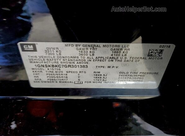 1GNSKBKC7GR301383 2016 CHEVROLET TAHOE Черный Вид наклейки с VIN-кодом