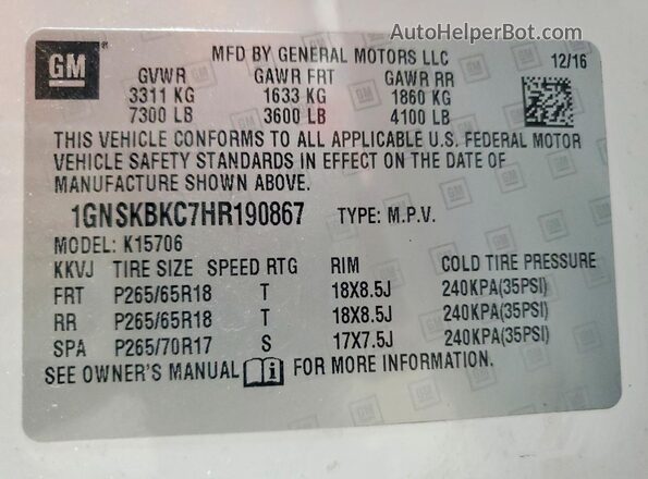 1GNSKBKC7HR190867 2017 CHEVROLET TAHOE White Widok wnętrza 360 stopni
