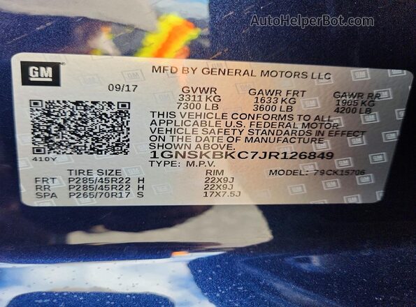 1GNSKBKC7JR126849 2018 CHEVROLET TAHOE Blue Widok naklejki z numerem VIN