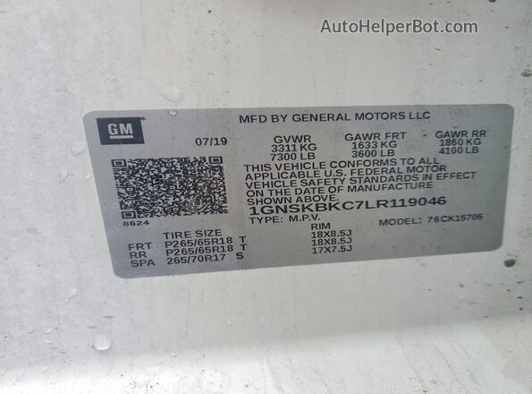 1GNSKBKC7LR119046 2020 CHEVROLET TAHOE Белый Вид наклейки с VIN-кодом