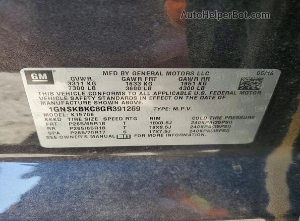 1GNSKBKC8GR391269 2016 CHEVROLET TAHOE Угольный Вид наклейки с VIN-кодом