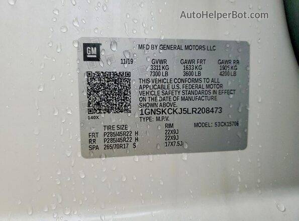 1GNSKCKJ5LR208473 2020 CHEVROLET TAHOE Белый Вид наклейки с VIN-кодом
