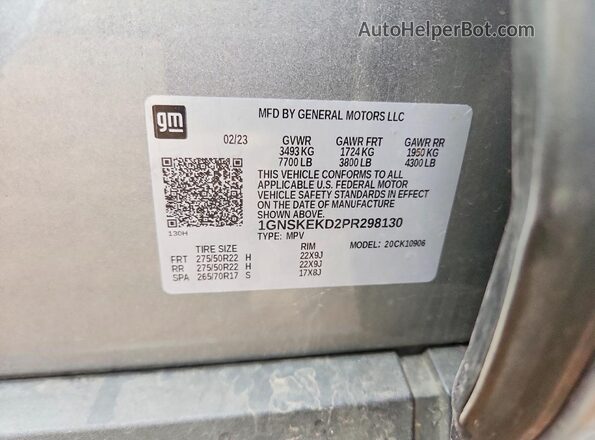 1GNSKEKD2PR298130 2023 CHEVROLET SUBURBAN Серый Вид наклейки с VIN-кодом