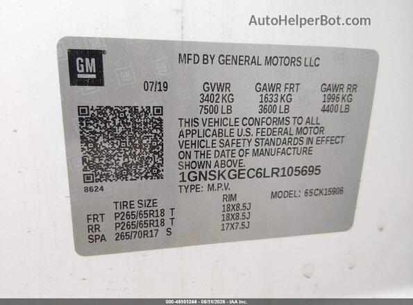 1GNSKGEC6LR105695 2020 CHEVROLET SUBURBAN White ძრავის განყოფილების ხედი