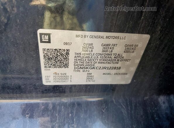 1GNSKGKC2JR122818 2018 CHEVROLET SUBURBAN Черный Вид наклейки с VIN-кодом