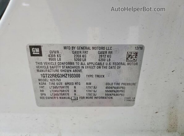1GT22REG3HZ193300 2017 GMC SIERRA Белый Вид подкапотного пространства