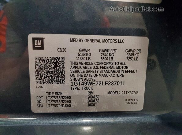 1GT49WE72LF237011 2020 GMC SIERRA Серый Вид подкапотного пространства