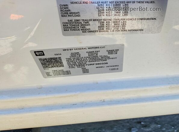 1GT59SE72RF380336 2024 GMC SIERRA White Vista de la etiqueta del VIN