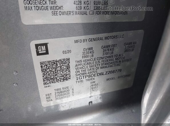 1GTP8DED6LZ208779 2020 GMC SIERRA Серый Вид подкапотного пространства