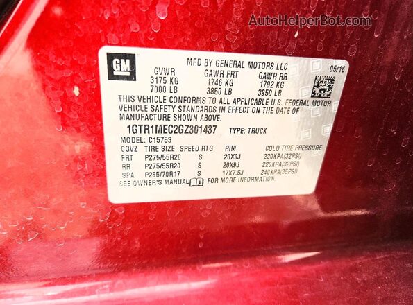 1GTR1MEC2GZ301437 2016 GMC SIERRA Maroon Vista del compartimento del motor