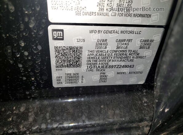 1GTUUEE89TZ249043 2026 GMC SIERRA Black Vista de la etiqueta del VIN