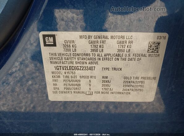 1GTV2LEC6GZ233407 2016 GMC SIERRA Синий Вид подкапотного пространства