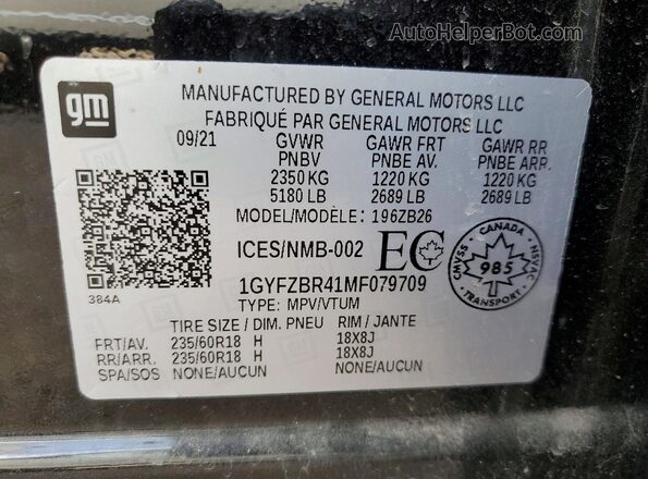 1GYFZBR41MF079709 2021 CADILLAC XT4 Black Vista de la etiqueta del VIN