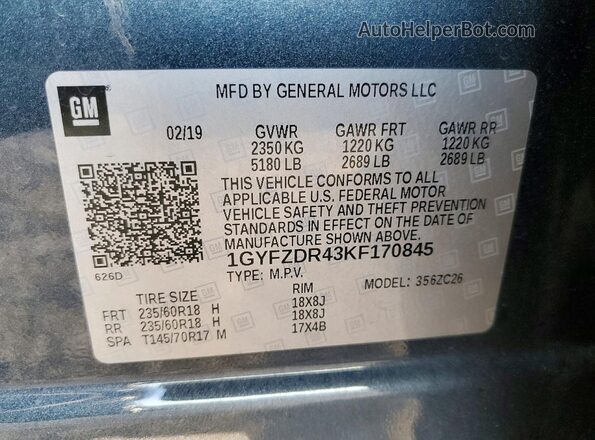 1GYFZDR43KF170845 2019 CADILLAC XT4 Угольный Вид наклейки с VIN-кодом