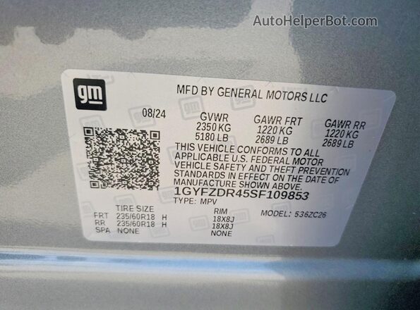 1GYFZDR45SF109853 2025 CADILLAC XT4 Gray Vista de la etiqueta del VIN