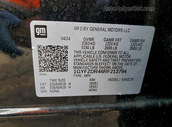1GYFZDR46RF213794 2024 CADILLAC XT4 Черный Вид наклейки с VIN-кодом