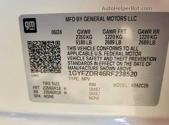 1GYFZDR46RF238520 2024 CADILLAC XT4 Белый Панорамный вид салона 360°